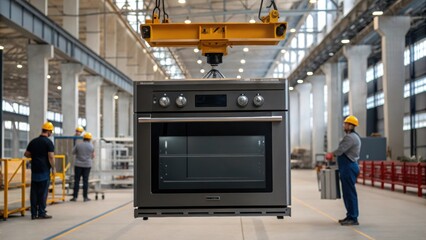 Poster - A medium closeup image of a heavyduty oven being lifted by a crane with engineers overseeing the meticulous positioning of the equipment within a spacious manufacturing facility.