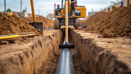 Poster - A medium closeup image of a trench being backfilled with a worker using a shovel to compact the soil over the newly laid pipeline surrounded by equipment and tools.
