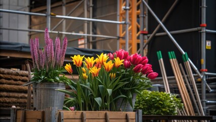 Aufkleber - A medium closeup capturing the vibrant colors of flowering plants against a backdrop of scaffolding and installation tools representing the fusion of urban construction with living