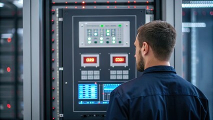 Aufkleber - A medium closeup image of an engineer examining a digital panel of a fire alarm system highlighting the illuminated buttons and diagnostic displays in a hightech control room.