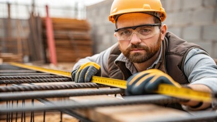 Poster - A medium closeup highlights a construction worker measuring and ting steel rebar to fit perfectly with safety glasses and gloves indicating a commitment to safety.