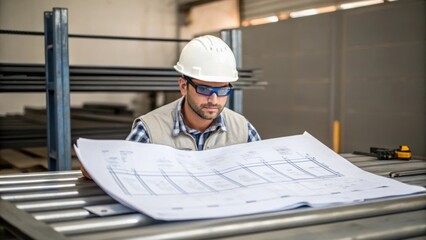 Aufkleber - A medium closeup highlighting a worker in a hard hat and safety glasses reviewing installation blueprints spread out on a metal table planning the crane layout.