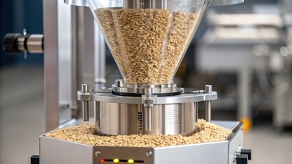 Poster - A medium closeup of a bulk product feeder showcasing grains flowing into the packaging machine with intricate mechanisms controlling the flow rate and portion sizes.