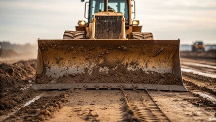 Poster - A medium closeup of a bulldozers blade pushing soil with mud splattering against the camera lens emphasizing the power and force of the machinery.
