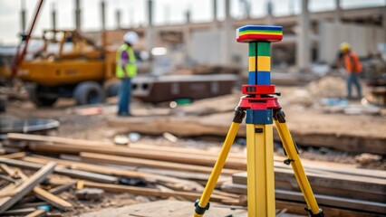 Poster - A medium closeup of a colorful surveyors marker within a chaotic construction site surrounded by tools and machinery symbolizing the organized chaos of precision in construction