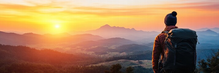 Poster - Traveler contemplates stunning sunset view over mountainous landscape with backpack. Generative AI