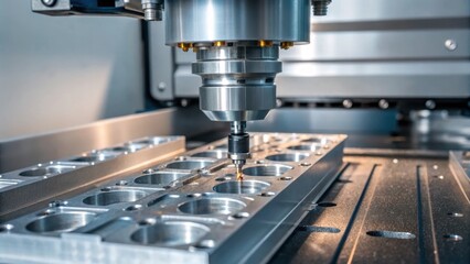 Aufkleber - A medium closeup of a CNC machine in action with metal parts slowly being shaped and carved highlighting the meticulous process of manufacturing electronic housings.