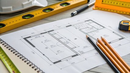 Aufkleber - A medium closeup of a construction blueprint and tools laid out on a workbench illustrating the planning stage of the barrier installation process with annotations visible.