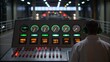 © DigitalSpace - A medium closeup of a control panel with glowing indicator lights and gauges where a technician is monitoring the performance metrics of a conveyor system in realtime.
