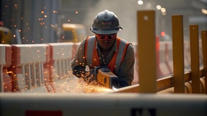 Aufkleber - A medium closeup of a construction worker using a power tool to shape the edges of a barrier flying dust particles visible in the air emphasizing the action and focus of labor.