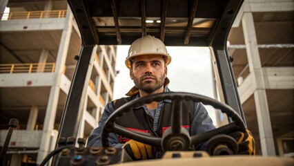 Aufkleber - A medium closeup of a construction worker operating a crane focused on the controls with a partially constructed underground parking structure visible in the background.