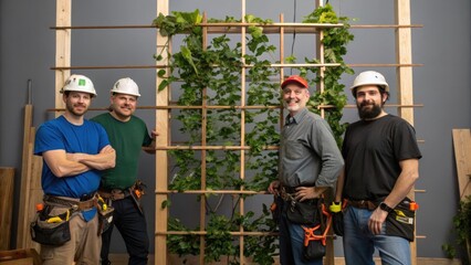 Poster - A medium closeup of a construction team collaborating on securing a framework to support climbing plants surrounded by tools and materials essential for vertical gardening.