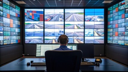 Fototapete - A medium closeup of a control room filled with large screens displaying live feeds of container movements with an operator intently monitoring the automated systems.