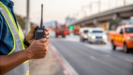Aufkleber - A medium closeup of a construction workers hands holding a walkietalkie coordinating with a crew nearby as vehicles pass through a singlelane setup due to roadwork.