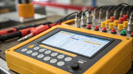 Aufkleber - A medium closeup of a control panel featuring a touchscreen interface where technicians input parameters for an electromechanical testing device surrounded by an array of