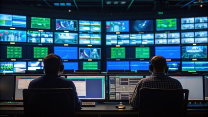 Fototapete - A medium closeup of a control room filled with screens showing live feeds from multiple tracking systems with personnel monitoring and analyzing the data.