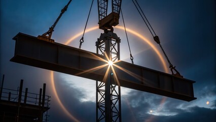 Poster - A medium closeup of a crane lifting a large steel beam silhouetted against a dark sky with construction lights providing a soft halo effect around the machinery.