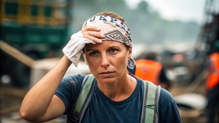 Poster - A medium closeup of a crew member wiping sweat from their forehead with a bandana the background blurred but showing the chaotic worksite atmosphere.