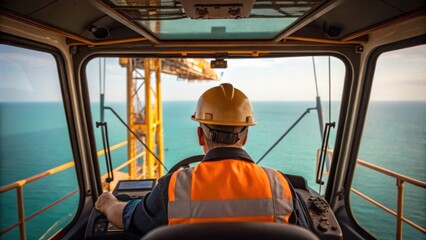 Aufkleber - A medium closeup of a crane operator in the cab focused on maneuvering a large section of the living unit into position with the ocean visible in the background.