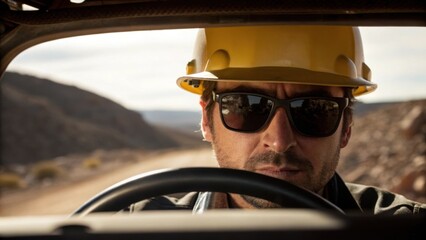 Poster - A medium closeup of a drivers face partially obscured by sunglasses and a hard hat conveying focus and determination as he navigates rough terrain.