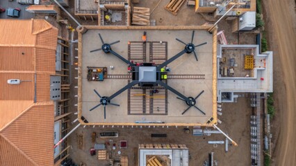Poster - A medium closeup of a drone capturing 360degree footage revealing the intricate layout of the construction site as crews erect walls and install roofing.