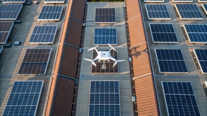 Poster - A medium closeup of a drone capturing aerial imagery of solar panel installations on multiple rooftops emphasizing the extensive reach of solar technology.