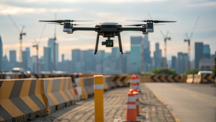 Poster - A medium closeup of a drone hovering above the construction site capturing the expansive view of the barriers being built against an urban landscape.