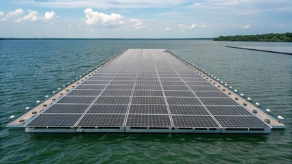 Poster - A medium closeup of a floating solar array partially completed with a wide expanse of water around it illustrating the projects scale and environmental integration.