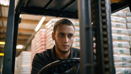 Poster - A medium closeup of a forklift operator navigating through stacked goods capturing the tension and focus on their face as they maneuver carefully.