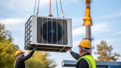Aufkleber - A medium closeup of a geothermal heat pump unit being lowered into position with a crane in the background and technicians guiding it carefully to avoid damage.