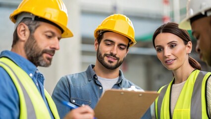 Poster - A medium closeup of a group of workers engaged in a safety conversation with one holding a clipboard and taking notes symbolizing collaboration and communication.