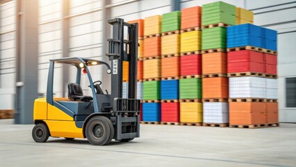 Aufkleber - A medium closeup of a forklift in motion lifting a pallet stacked high with colorful boxes highlighting the efficiency of warehouse logistics.
