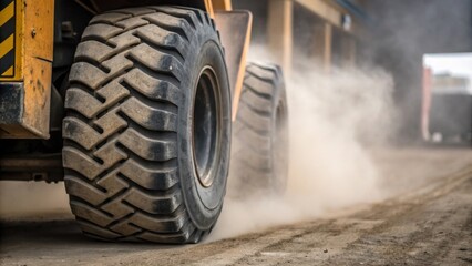 Poster - A medium closeup of a forklifts tires gripping the ground showcasing the industrial tread pattern designed for heavy loads while dust clouds rise around it.