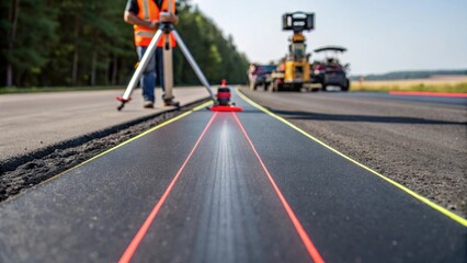 Poster - A medium closeup of a freshly paved road section with a close inspection by a surveyor using a laser level showcasing the precision and detail in ensuring a smooth finish.