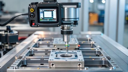 Poster - A medium closeup of a hightech machine performing an inspection with a digital camera capturing images of components revealing the blending of vision systems into manufacturing.