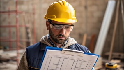 Aufkleber - A medium closeup of a laborer wearing a hard hat and safety glasses reviewing blueprints on a clipboard focused on the task of planning substation layout.