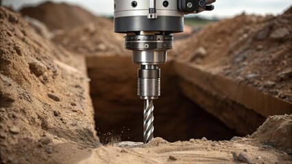 Poster - A medium closeup of a hightech drilling machine its rotating drill bit capturing the detail of earth being excavated for the bunkers entrance.