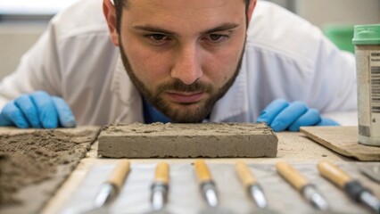 Poster - A medium closeup of a lab technician testing the consistency of cement onsite with tools laid out and the focus on their careful examination of the mixture texture.