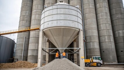 Poster - A medium closeup of a large concrete silo with gray walls and a funnelshaped base providing a backdrop to workers loading aggregates into a mixing plant.