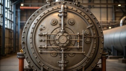 Aufkleber - A medium closeup of a large circular steel drum with intricate piping and valves showcasing the complex design of the incinerators combustion chamber.