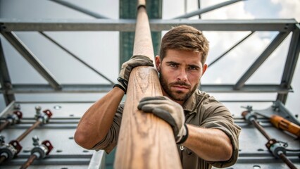 Aufkleber - A medium closeup of a lineman skillfully maneuvering a long wooden pole to secure an insulator onto a metal framework with focused attention on the task.