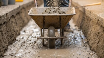 Poster - A medium closeup of a laborer pouring cement into an irrigation ditch using a wheelbarrow the mixtures thick consistency creating small splatters around the area.
