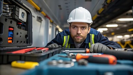 Aufkleber - A medium closeup of a maintenance worker inspecting machinery before loading with tools and spare parts laid out on a nearby surface.