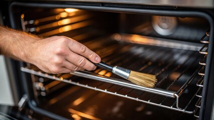 Leinwandbilder - A medium closeup of a mechanics hands carefully cleaning the heating elements within the oven using a brush to remove accumulated grease illustrating the intricacies of