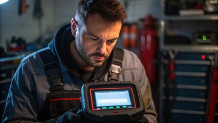 Fototapete - A medium closeup of a maintenance worker using a digital diagnostic tool with the glowing screen reflecting on their focused expression as they evaluate the scrubbers