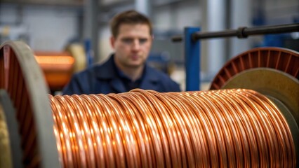 Poster - A medium closeup of a machine operator guiding thick copper wires as they enter a twisting apparatus emphasizing the meticulous craftsmanship involved in cable manufacturing.