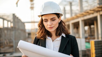 Aufkleber - A medium closeup of an architects face deep in thought with a hard hat on as she examines a rolledup blueprint in her hands at the construction site.