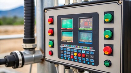 Fototapete - A medium closeup of an automated control panel being calibrated with colorful displays and switches reflecting the complexity of modern irrigation systems.