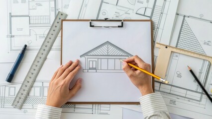 Aufkleber - A medium closeup of an architects hands sketching additional design modifications on a clipboard surrounded by construction plans highlighting the creative process behind the