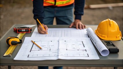 Aufkleber - A medium closeup of an engineer inspecting blueprints laid out on a portable table with construction tools tered around highlighting the planning aspect of the underground